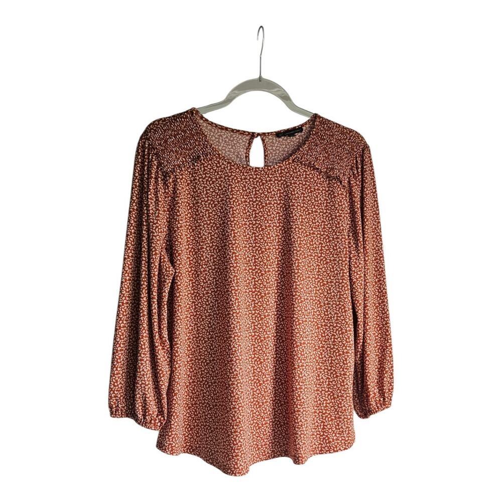 Adrianna Papell Womens L Blouse 3/4 Sleeve Stretch Scoop Neck Leaf Print